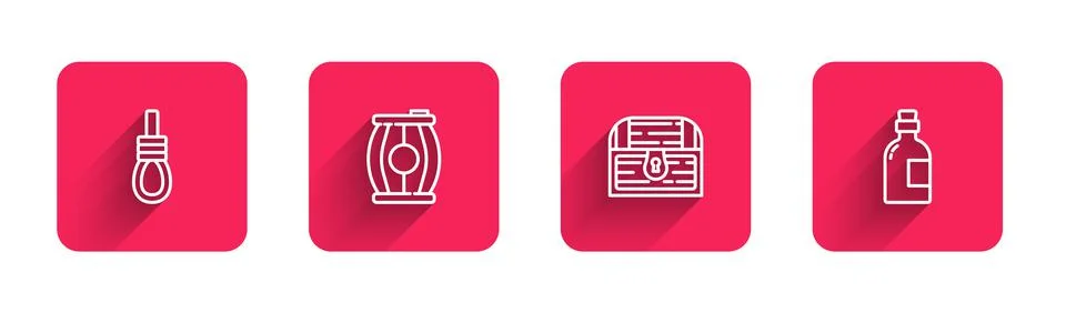 Set line Gallows rope loop hanging, Gun powder barrel, Antique treasure chest 스톡 일러스트