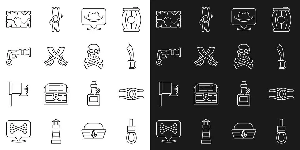 Set line Gallows rope loop hanging, Rope tied knot, Pirate sword, Location Illustrazione stock