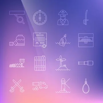 Set line Gallows rope loop hanging, Spyglass telescope lens, Antique treasure Stock Illustration