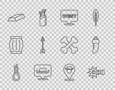 Set line Gallows rope loop hanging, Spur, Pointer to wild west, Location cowboy Illustrazione stock