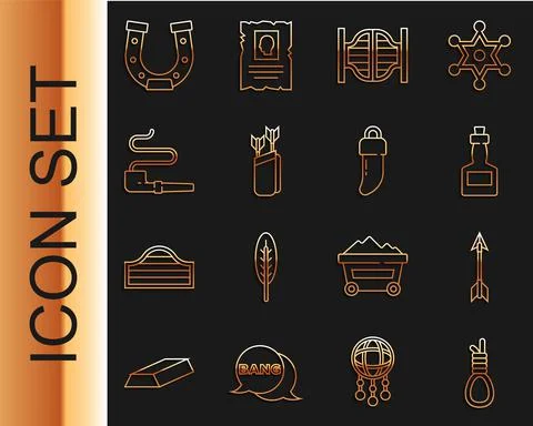Set line Gallows rope loop hanging, Crossed arrows, Tabasco sauce, Saloon door Stock Illustration