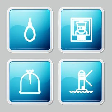 Set line Gallows rope loop hanging, Wanted poster pirate, Pirate sack and Illustrazione stock