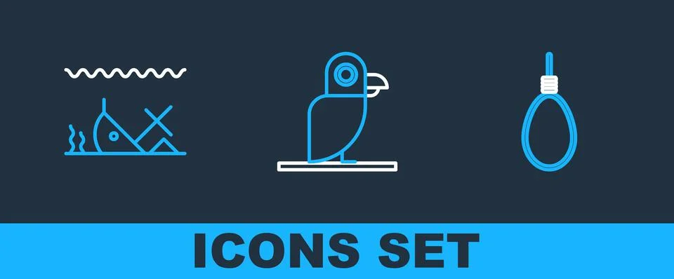 Set line Gallows rope loop hanging, Sunken ship and Pirate parrot icon. Vecto Stock Illustration