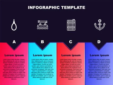 Set line Gallows rope loop hanging, Boat with oars, Wooden barrel and Anchor Stock Illustration
