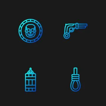 Set line Gallows rope loop hanging, Dynamite bomb, Pirate coin and Vintage Illustrazione stock