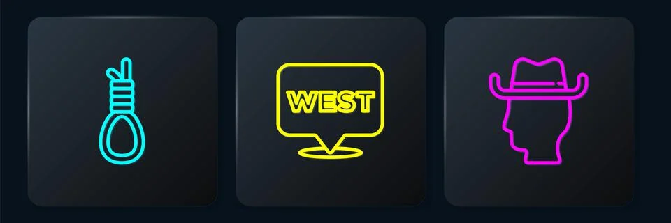 Set line Gallows rope loop hanging, Cowboy and Pointer to wild west. Black Stock Illustration