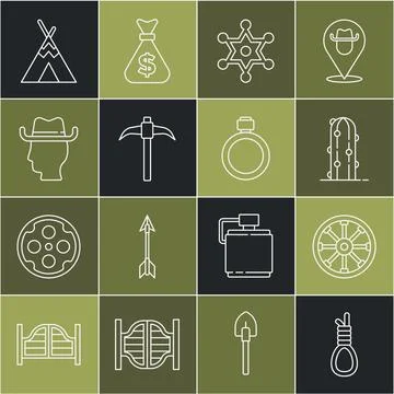 Set line Gallows rope loop hanging, Old wooden wheel, Cactus, Hexagram sheriff Stock Illustration