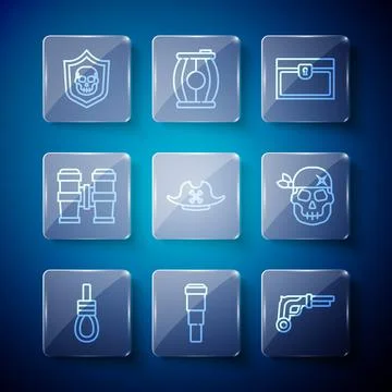 Set line Gallows rope loop hanging, Spyglass telescope lens, Vintage pistols Illustrazione stock