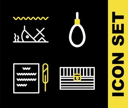 Set line Gallows rope loop hanging, Antique treasure chest, Feather pen and.. 스톡 일러스트