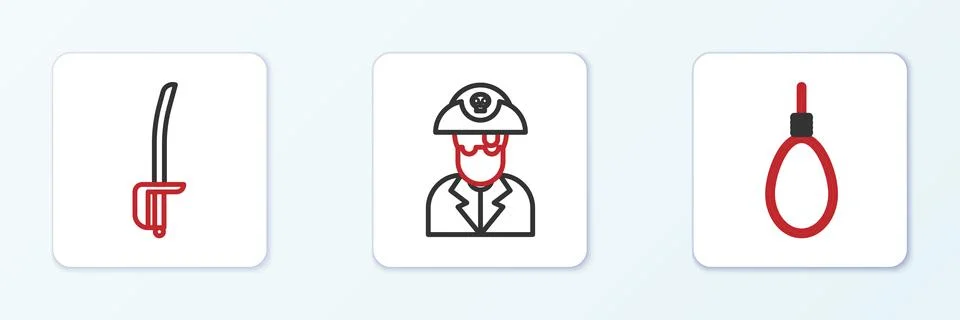 Set line Gallows rope loop hanging, Pirate sword and captain icon. Vector Stock Illustration