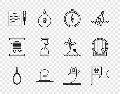 Set line Gallows rope loop hanging, Pirate flag with skull, Compass, Tombst.. 스톡 일러스트