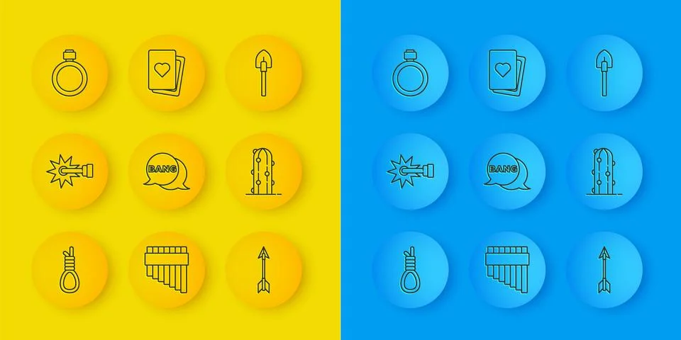 Set line Gallows rope loop hanging, Spur, Bang boom, gun Comic, Crossed arr.. Illustrazione stock