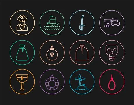 Set line Gallows rope loop hanging, Skull, Pirate sword, Bomb ready to expl.. Illustrazione stock