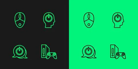 Set line Game console with joystick, Power button, Computer mouse and icon Illustrazione stock