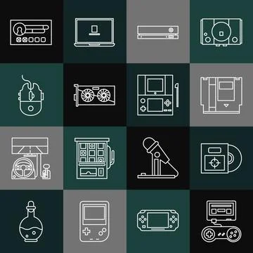 Set line Game console with joystick, CD or DVD disk in box, Cartridge, Video Stock Illustration