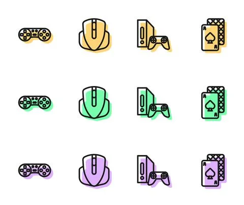 Set line Game console with joystick, controller or, Computer mouse and Playing 스톡 일러스트