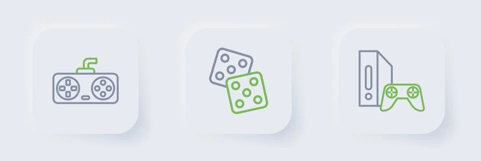 Set line Game console with joystick, dice and controller or icon. Vector Stock Illustration
