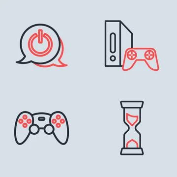Set line Game console with joystick, controller or, Old hourglass and Power.. Stock Illustration