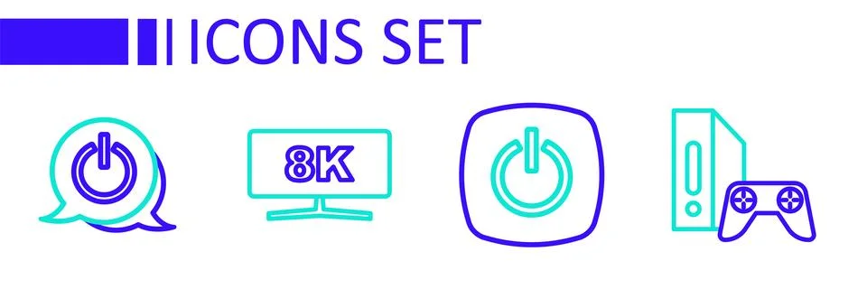 Set line Game console with joystick, Power button, Computer monitor and  ic.. Illustrazione stock