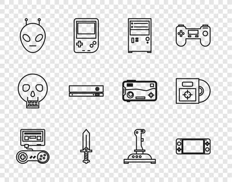 Set line Game console with joystick, Portable video game, Computer, Sword f.. Stock Illustration