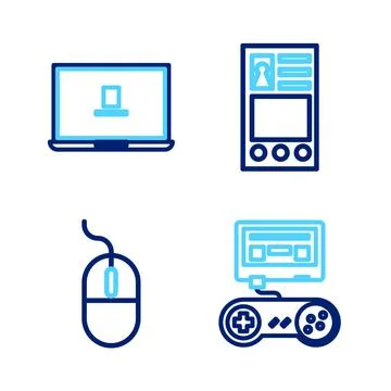 Set line Game console with joystick, Computer mouse, Create account screen .. Stock Illustration
