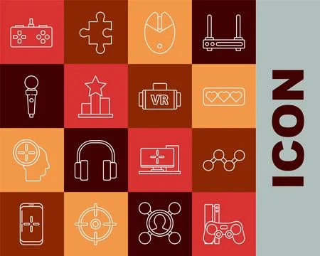 Set line Game console with joystick, Share, Like and heart, Computer mouse .. Stockillustratie