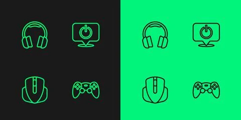 Set line Game controller or joystick, Computer mouse, Headphones and Power Illustrazione stock