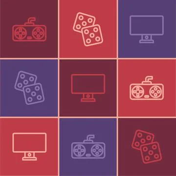 Set line Game controller or joystick, Computer monitor and dice icon. Vector Illustrazione stock