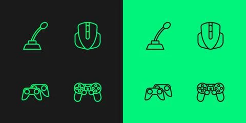 Set line Game controller or joystick, Microphone and Computer mouse icon. Vector Illustrazione stock