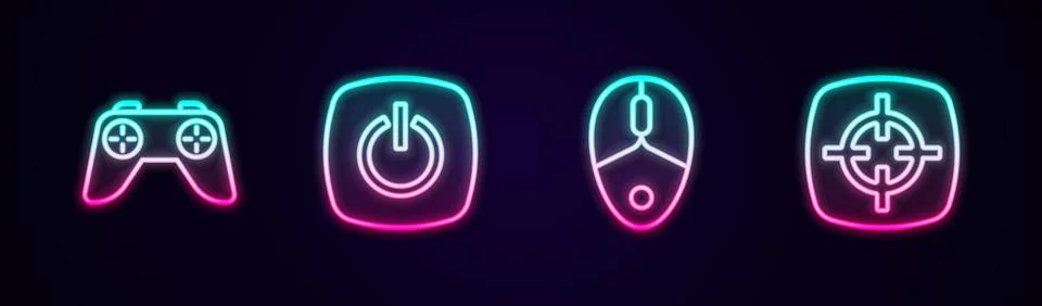 Set line Game controller or joystick, Power button, Computer mouse and Target Illustrazione stock