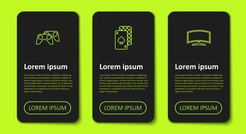 Set line Game controller or joystick, Playing cards and Computer monitor 스톡 일러스트