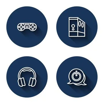 Set line Game controller or joystick, Case of computer, Headphones and Power Stock Illustration