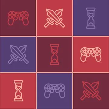 Set line Game controller or joystick, Old hourglass and Sword for game icon Stock Illustration