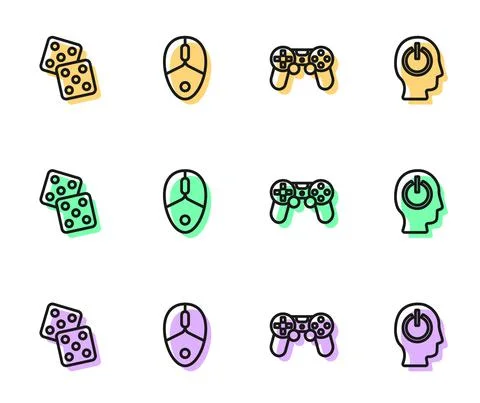 Set line Game controller or joystick, dice, Computer mouse and Power button icon Stock Illustration