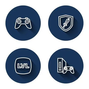 Set line Game controller or joystick, Sword for game, Level and console with Illustrazione stock