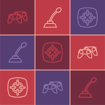 Set line Game controller or joystick, Target sport and Microphone icon. Vector Stock Illustration