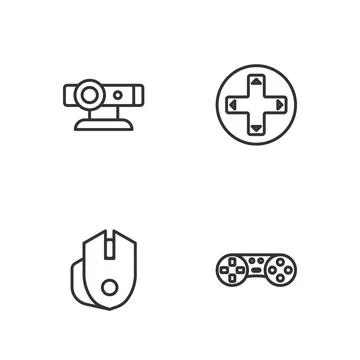 Set line Game controller or joystick, Computer mouse, Web camera and  icon. V Stock Illustration