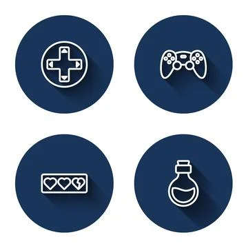 Set line Game controller or joystick, life bar and Bottle with magic elixir w Stock Illustration
