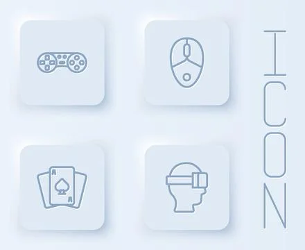 Set line Game controller or joystick, Computer mouse, Playing cards and Virtu Stock Illustration