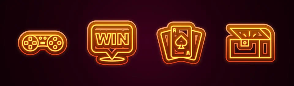 Set line Game controller or joystick, Medal, Playing cards and Chest for game Stock Illustration
