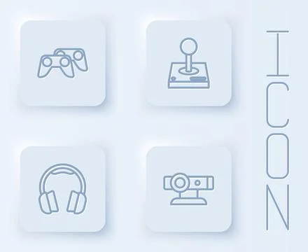 Set line Game controller or joystick, Joystick for arcade machine, Headphones Stock Illustration