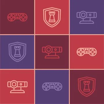 Set line Game controller or joystick, Web camera and Chess shield icon. Vector Stock Illustration