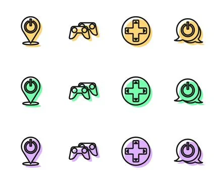 Set line Game controller or joystick, Power button, and icon. Vector 스톡 일러스트