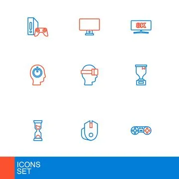 Set line Game controller or joystick Computer mouse Old hourglass Award cup P Stock Illustration