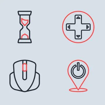 Set line Game controller or joystick Computer mouse Power button and Old hour 스톡 일러스트