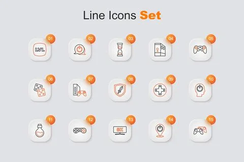 Set line Game controller or joystick, Power button, Computer monitor, Bottl.. Stock Illustration