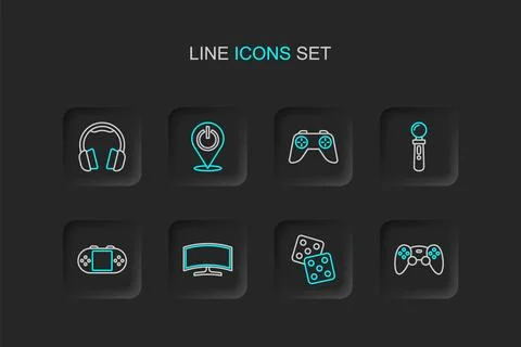 Set line Game controller or joystick, dice, Computer monitor, Portable vide.. Illustrazione stock