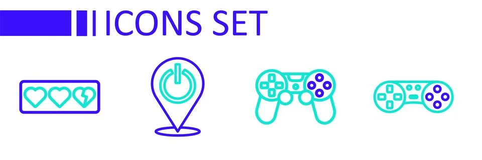 Set line Game controller or joystick, Power button and life bar icon. Vector Illustrazione stock