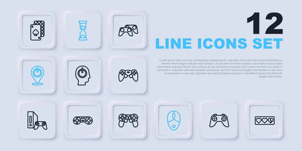 Set line Game controller or joystick, life bar, Power button, Computer mous.. Illustrazione stock