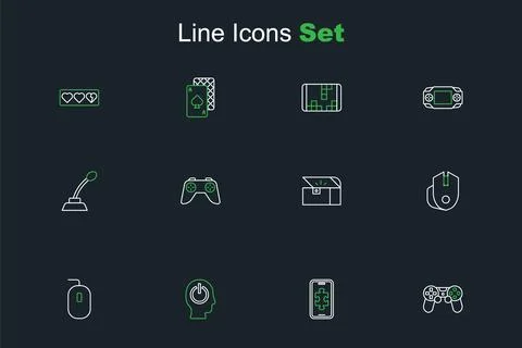 Set line Game controller or joystick Mobile gaming Power button Computer mous Illustrazione stock